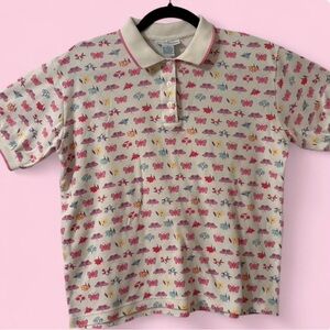 Vintage Sweetbriar Colorful Preppy Spring Butterfly Print Polo Shirt Size Small